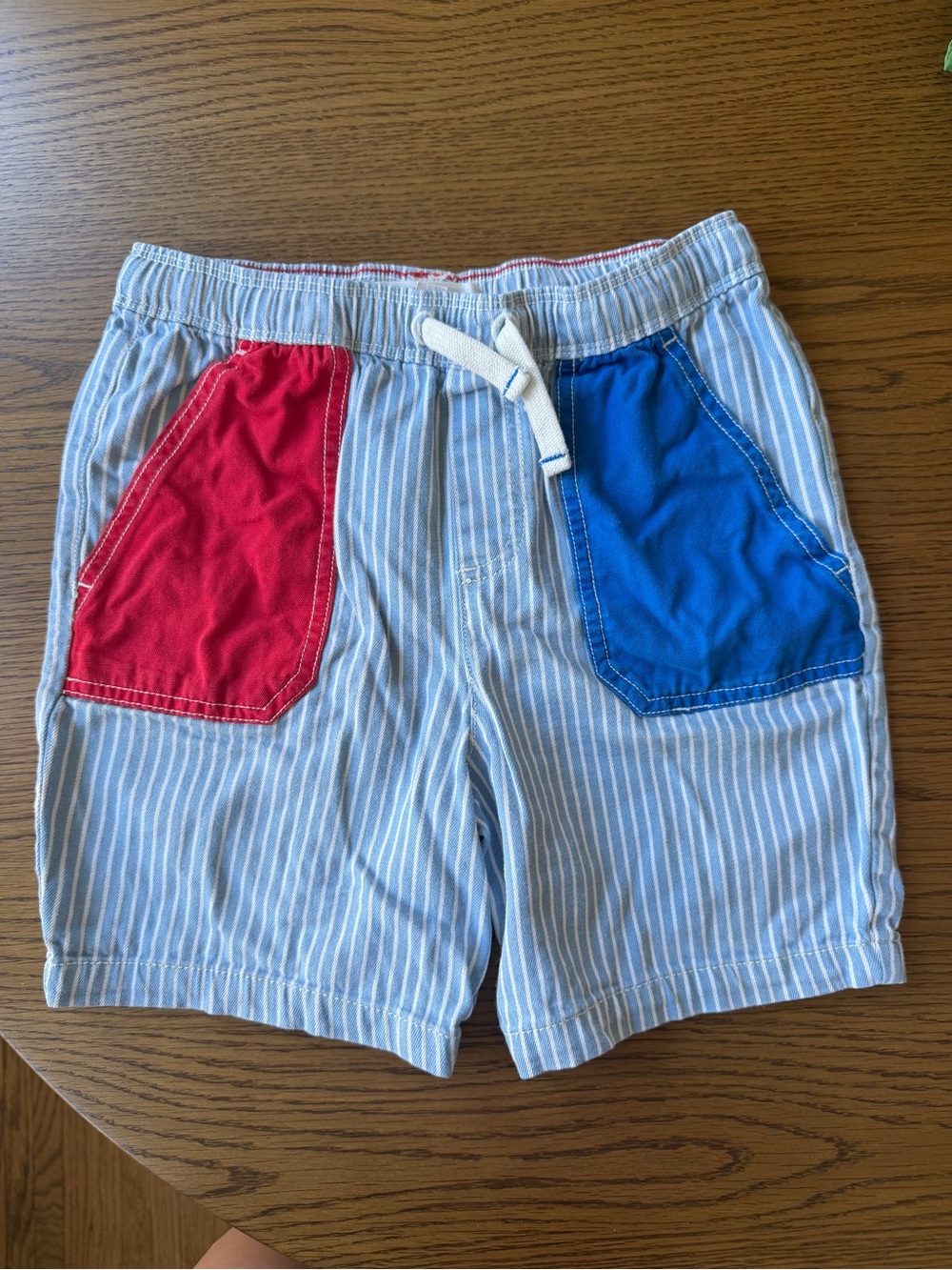 Mini Boden Light Blue Striped Shorts with Red & Blue Pockets